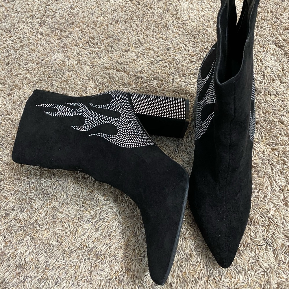 Black sequin flame suede booties